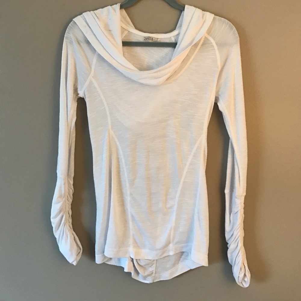 White Zella workout top with hood and long sleeve