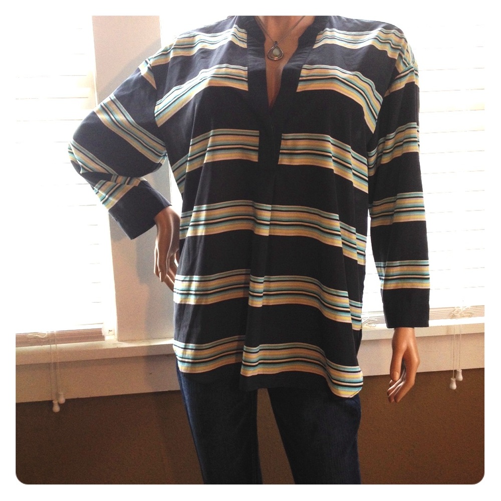 Gap Charcoal stripe split neck popover top L