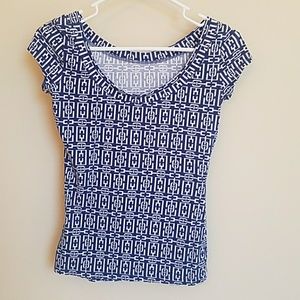 Navy and white geo-patterned top