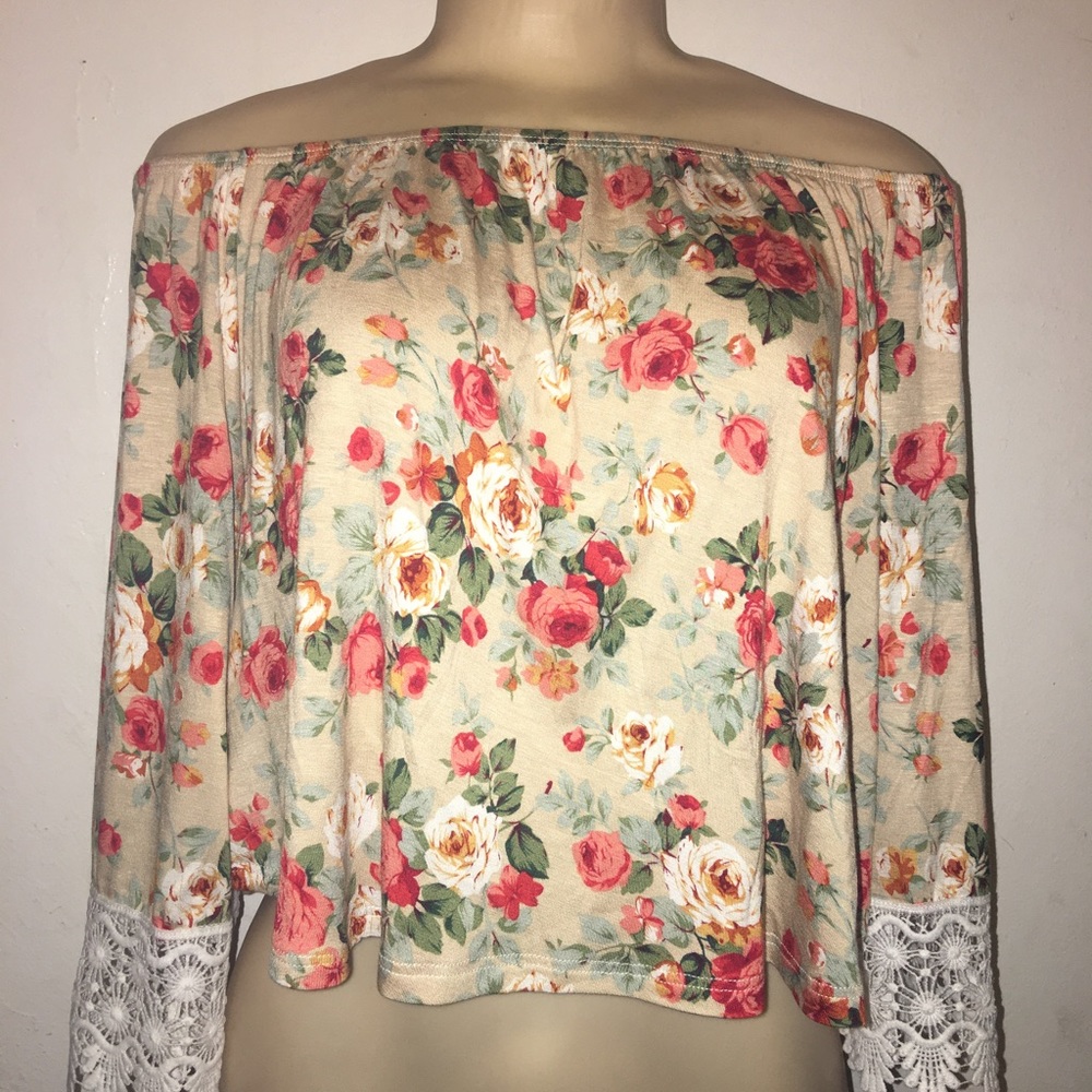 Flowered Lace Sleeve Off The Shoulder Top