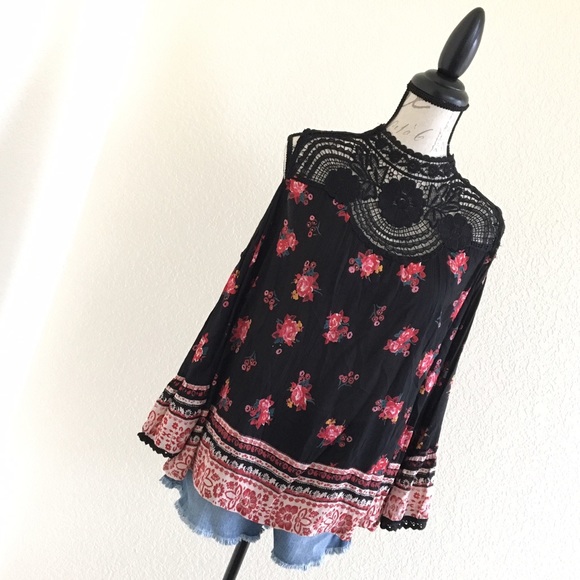 Angie Tops - Angie Bold Floral Crochet Cold Shoulder Boho Top