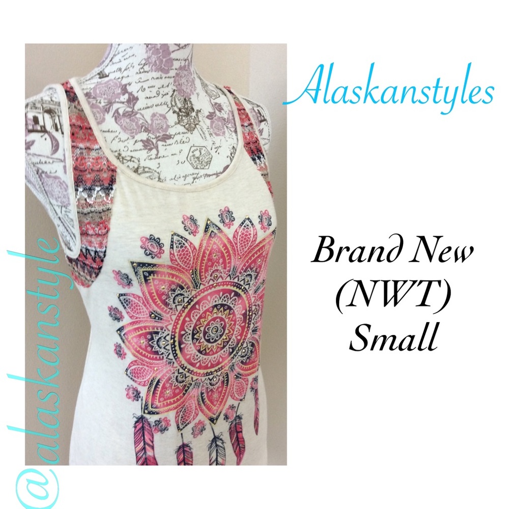 ⤵️Long Tribal Print Tank Top sequins/crocheted S