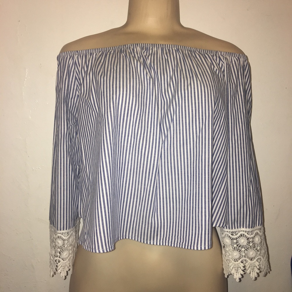 Denim Stripped Off The Shoulder Top