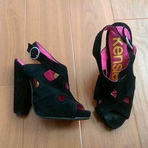 Kensie Girl black Suede Chunky Open Toe Heels