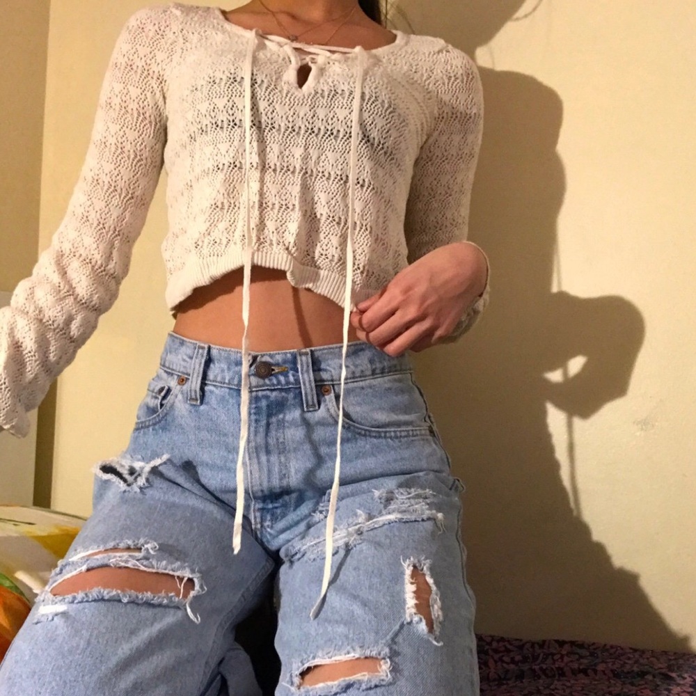Tan crochet lace up crop top from Urban outfitters