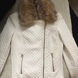 Cream color leather jacket with detachable fur