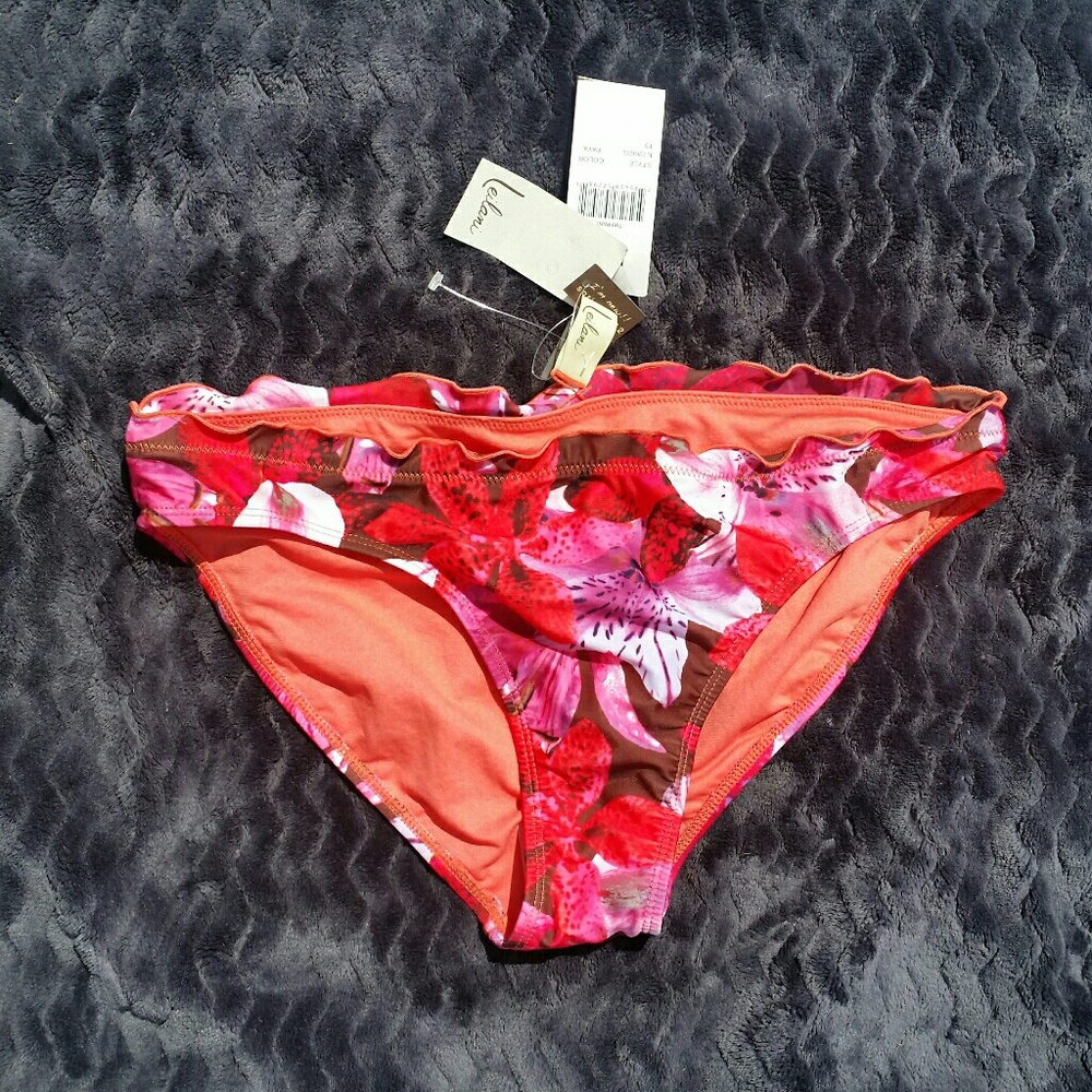 Leilani brown pink floral ruffle bikini bottom nwt - Picture 1 of 4
