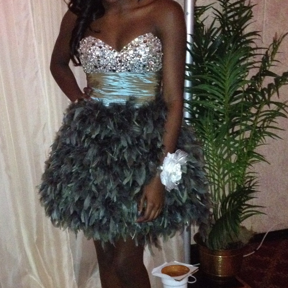 Jovani Grey Beaded/Feather Dress