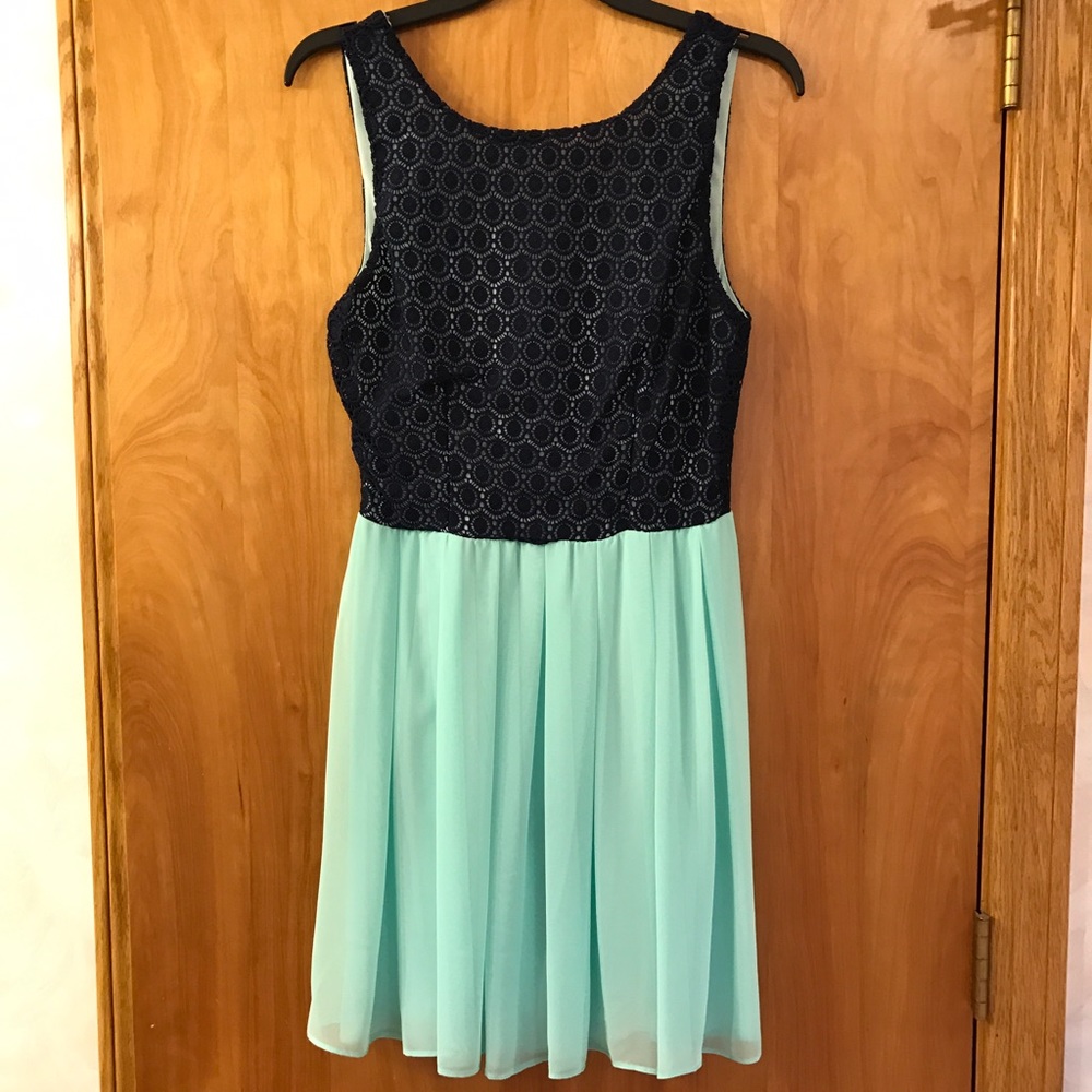 Lace Eyelet and Chiffon Dress in Mint and Navy