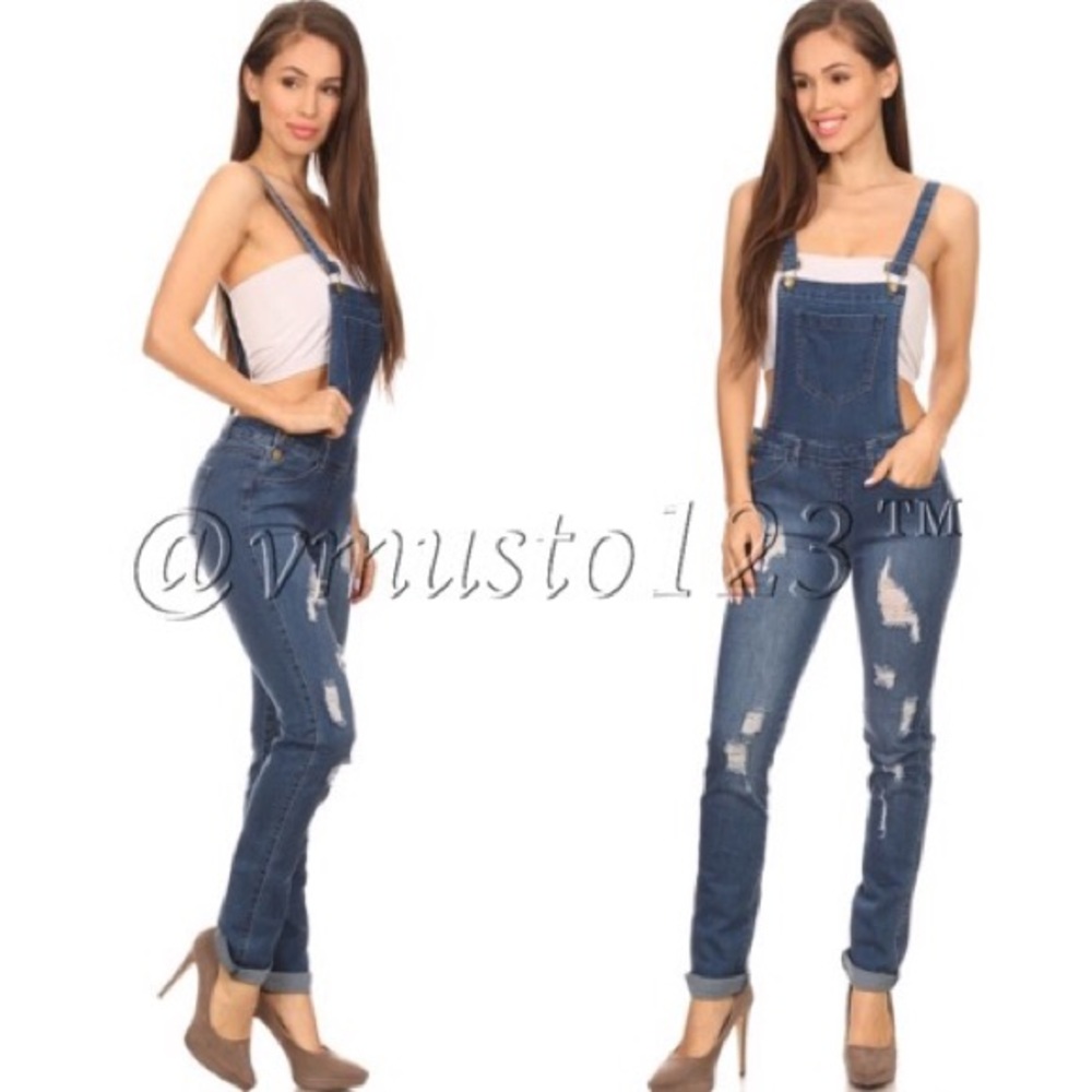 DESTROYED DENIM OVERALLS MEDIUM WASH - Picture 2 of 5