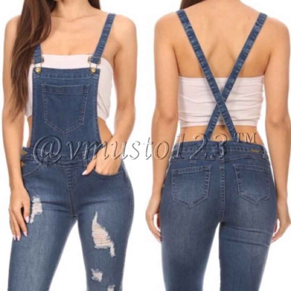 DESTROYED DENIM OVERALLS MEDIUM WASH - Picture 4 of 5