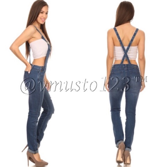 DESTROYED DENIM OVERALLS MEDIUM WASH - Picture 3 of 5