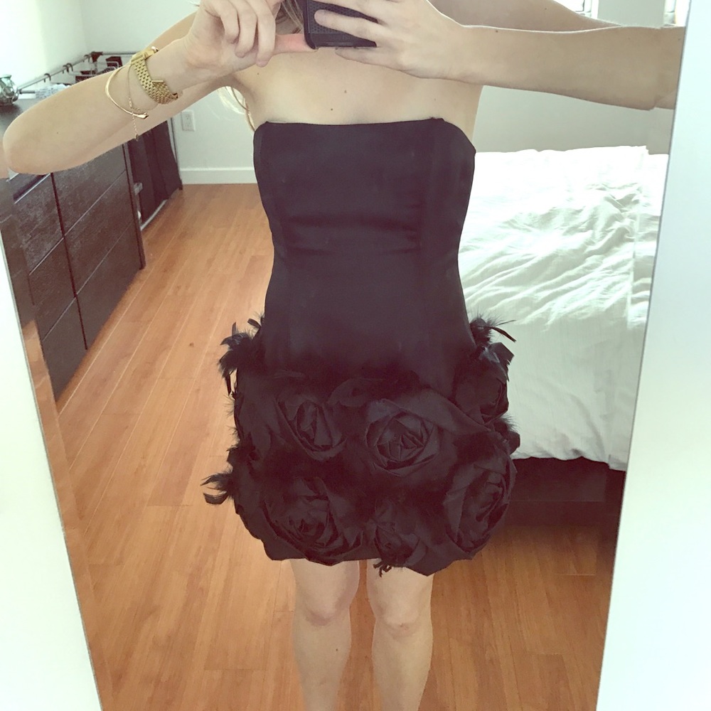 Black label rose/feather adjustable strap dress