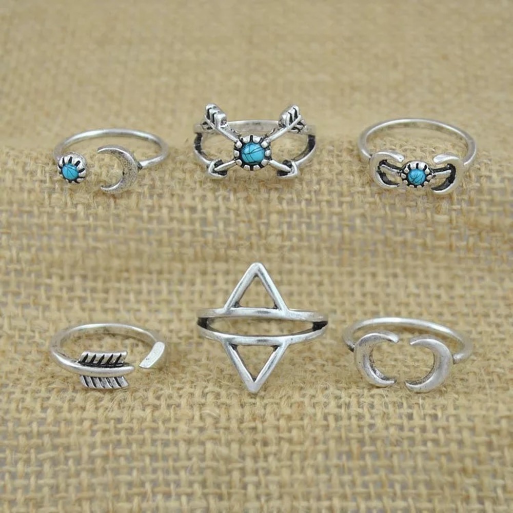 6 piece boho / beach silver midi knuckle ring set