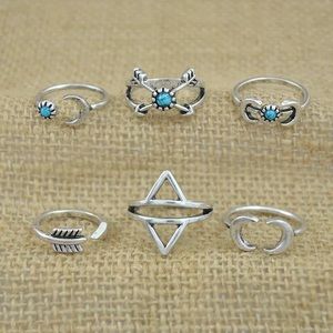 6 piece boho / beach silver midi knuckle ring set
