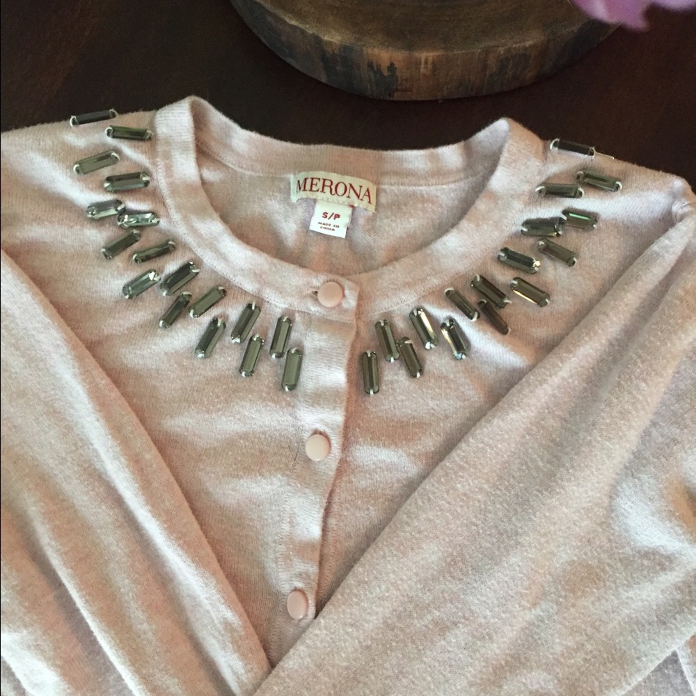 Blush pink cardigan featuring smokey stones