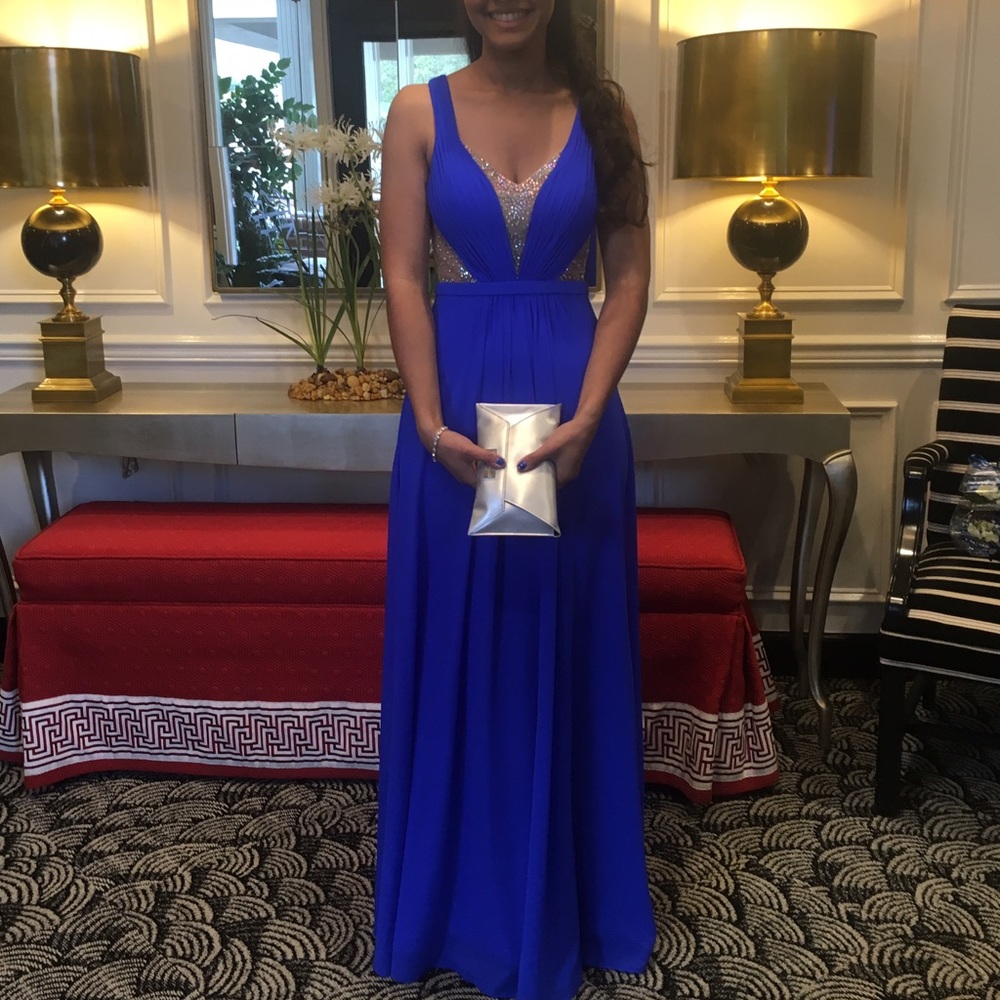 Beautiful electric blue sheer panel prom dress