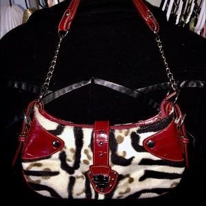 Red Leather Trimmed and Tiger Faux fur Purse