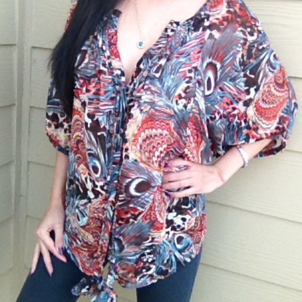 Jeans by BUFFALO tie front tunic gypsy blouse L