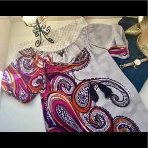 "Single" Multi Color Print 100%Silk Blouse Top SzS