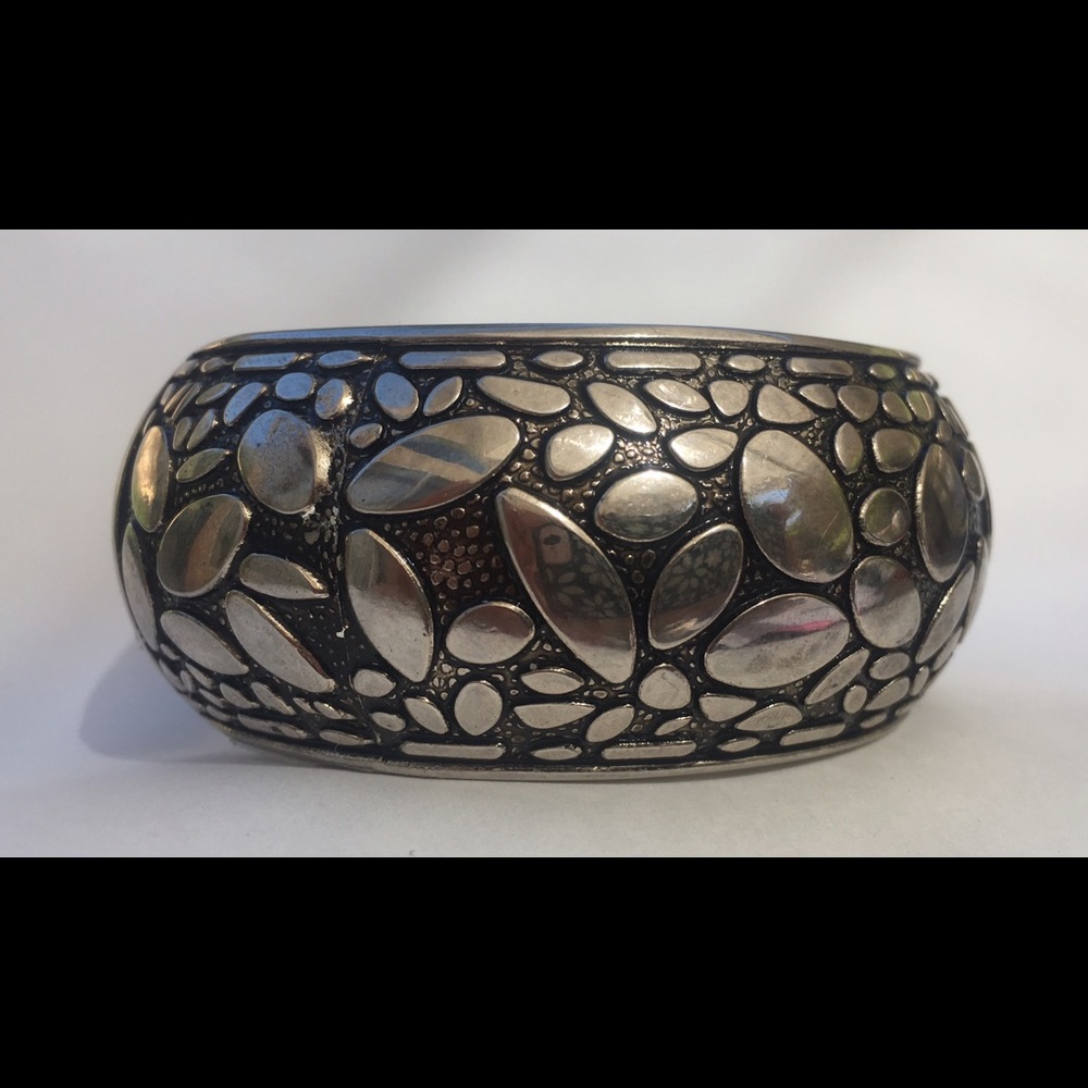 Silver Hinged Wide Bangle Oval Shape Imprint - image 1