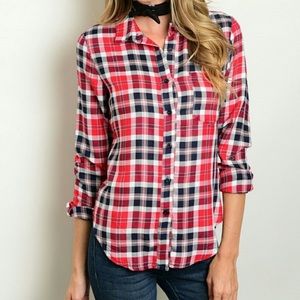 Red Plaid Long Sleeve Button Down