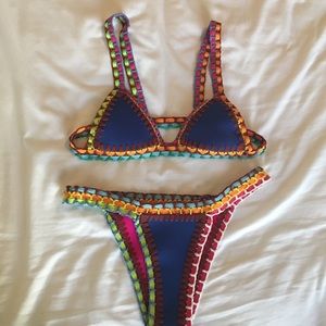 Crochet Trim Blue/Pink Bikini