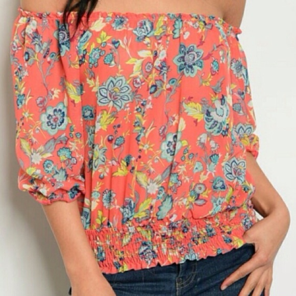 Floral Coral Off Shoulder Top - Picture 5 of 5