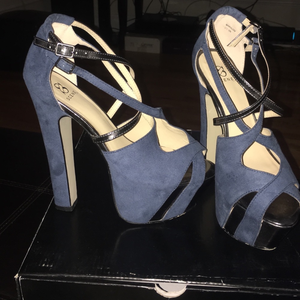 Suede blue platform chunky heel