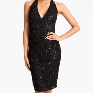David Meister black and navy sequin halter dress