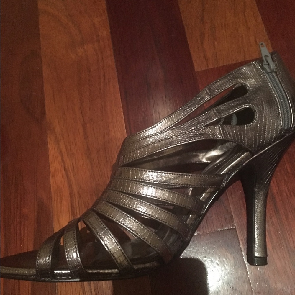 "Nina" cage bootie in gunmetal silver. Never worn