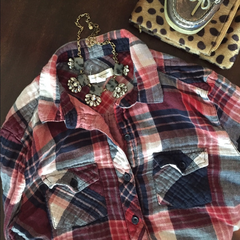 Red, white, and blue button down flannel