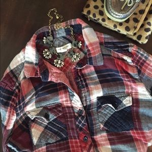 Red, white, and blue button down flannel