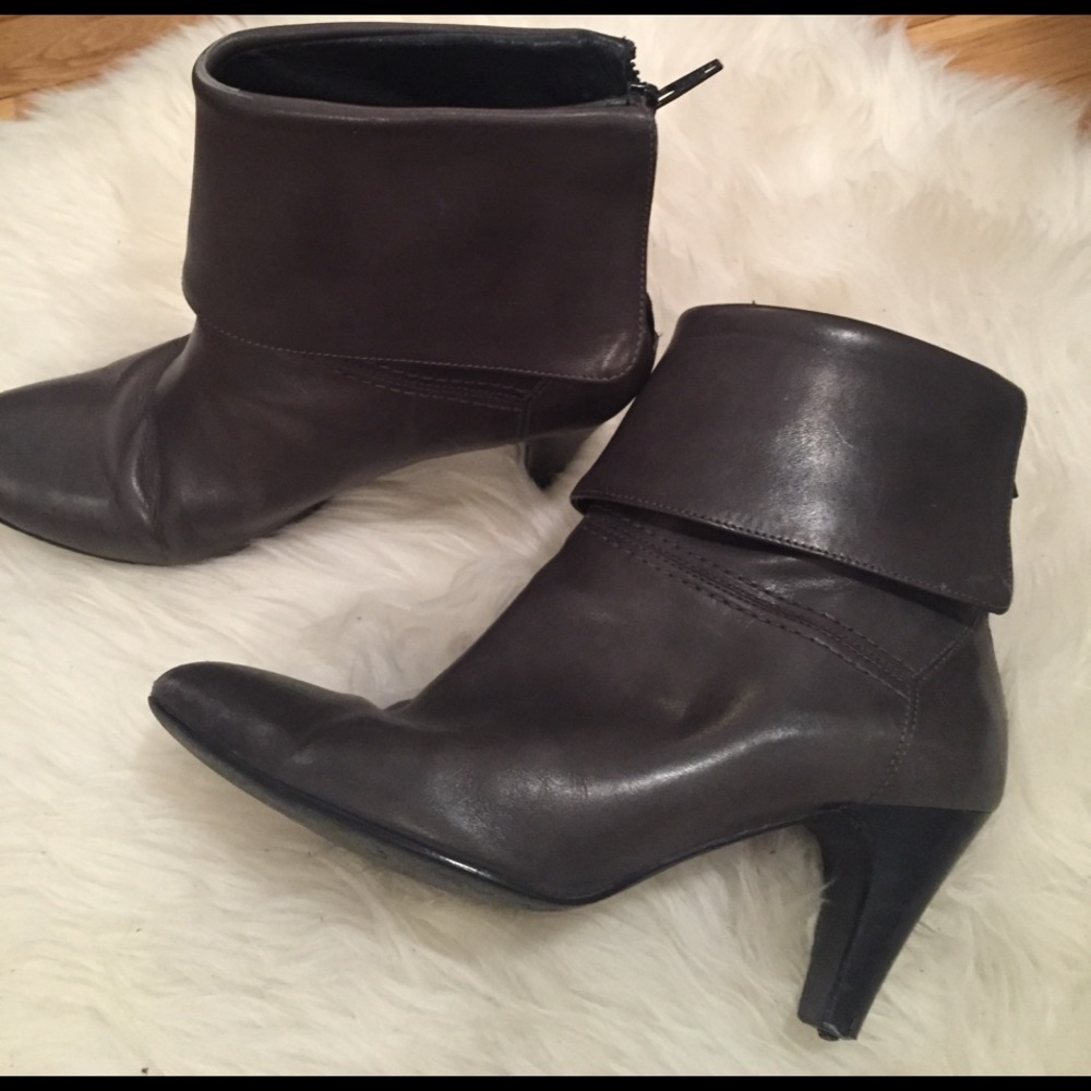Grey high heeled leather ankle boots