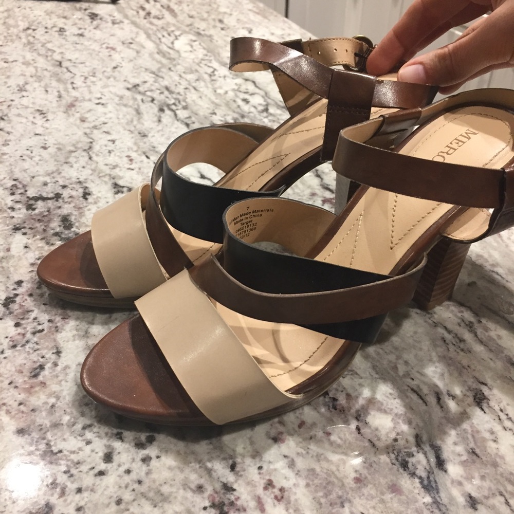 Leather like block heel sandal neutrals nude