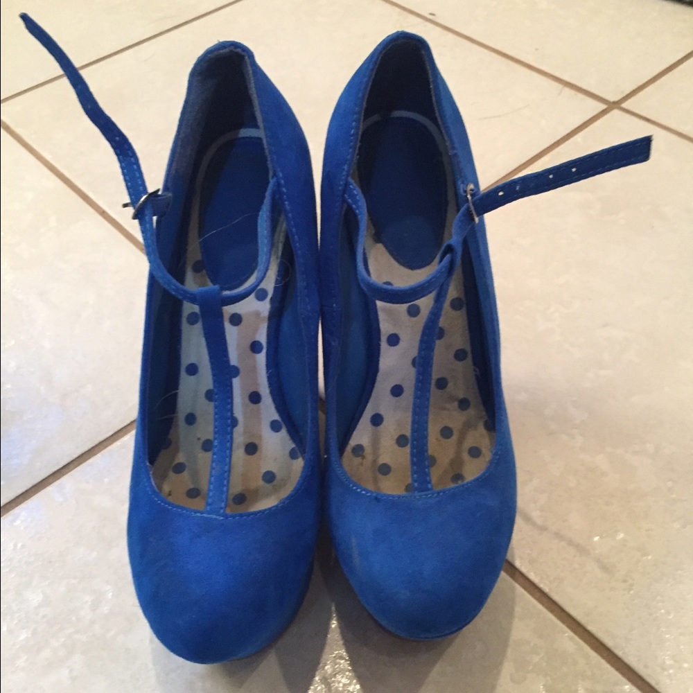 Bright blue Mary Jane wedges