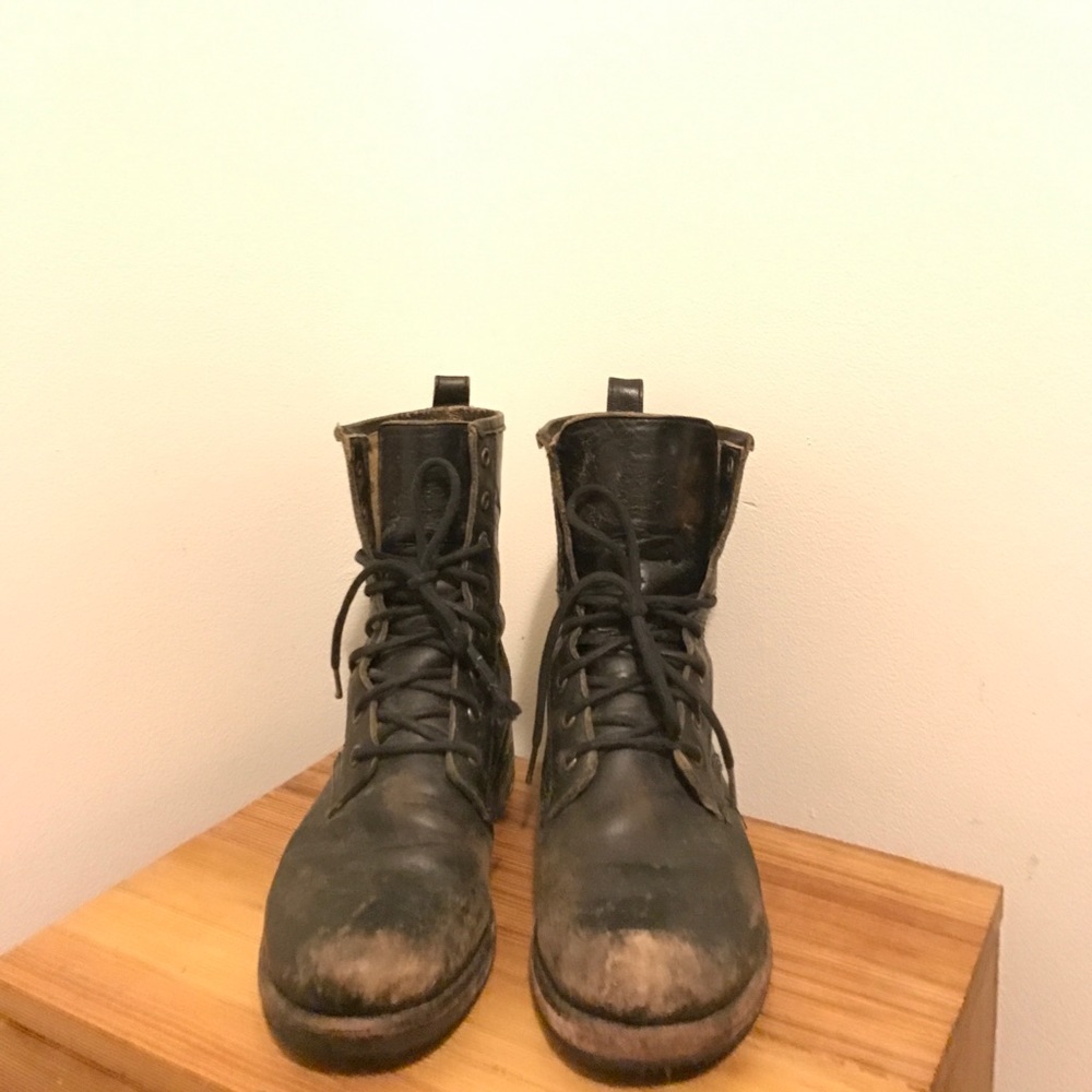 Distressed black frye combat boots