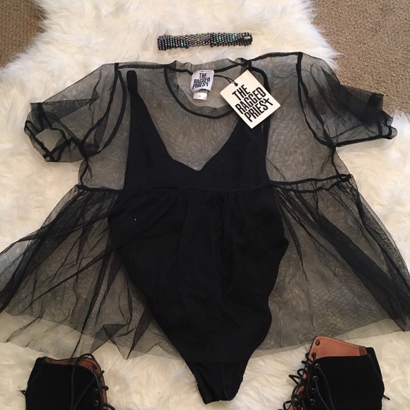 The Ragged Priest Babydoll Peplum Mesh Sheer Top - Picture 3 of 6