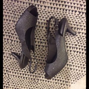 Silver Peep toe sling back evening heels