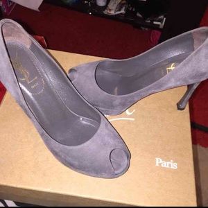 YSL gray suede peep toe pump