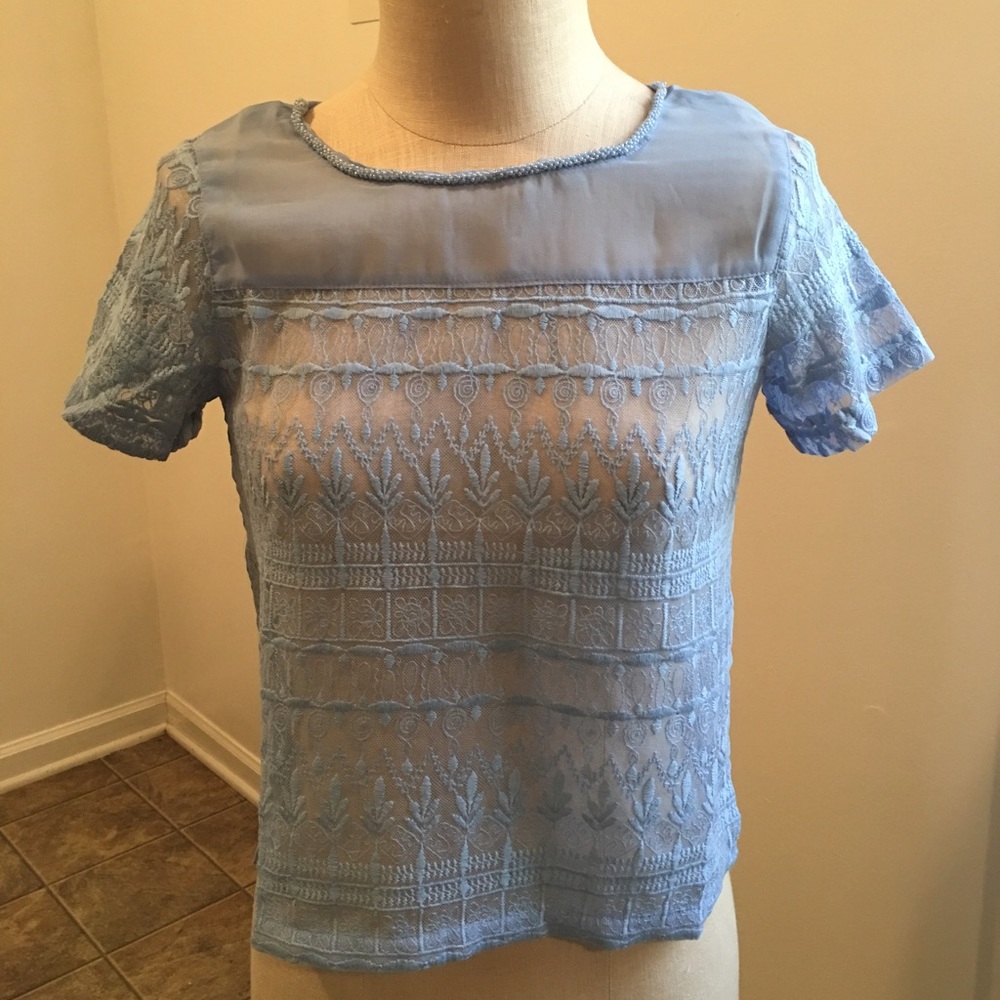 3/$18 Sky blue crochet sheer top