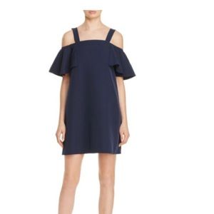 Navy Ruffle Cold Shoulder Dress