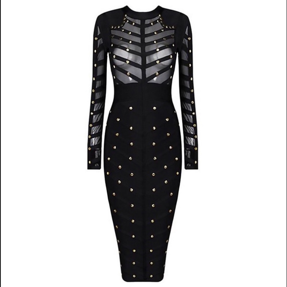 Black Bandeau Dress with Gold Studs- Sz-L