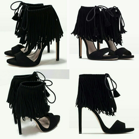 NEW Black Fringe High Heel Tie Up Sandals Size 5.5 - Picture 3 of 7