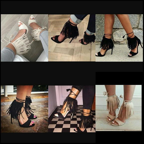 NEW Black Fringe High Heel Tie Up Sandals Size 5.5 - Picture 4 of 7