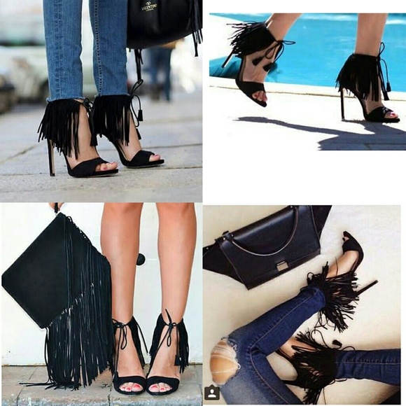 NEW Black Fringe High Heel Tie Up Sandals Size 5.5 - Picture 6 of 7