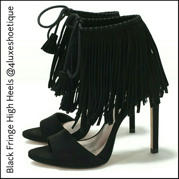 NEW Black Fringe High Heel Tie Up Sandals Size 5.5 - Picture 2 of 7