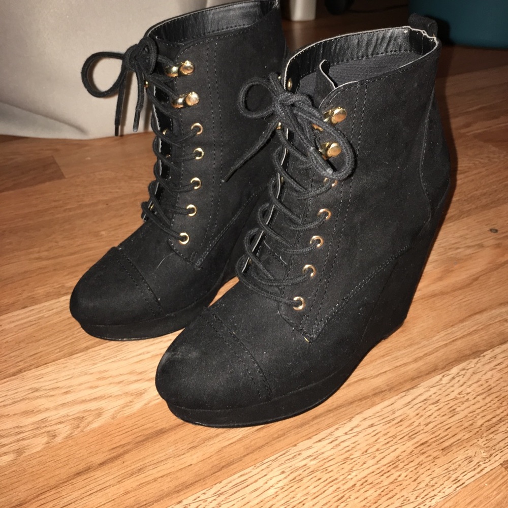 Black suede wedge booties
