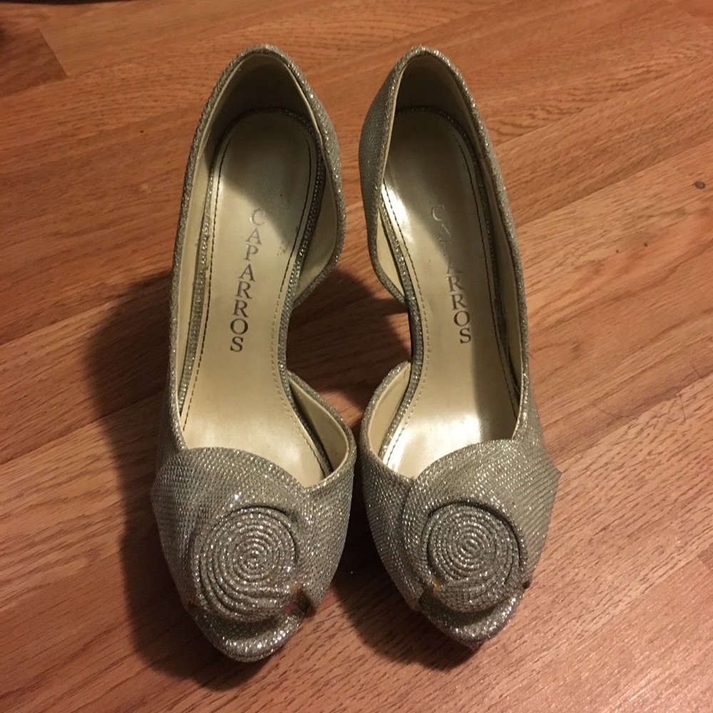 Silver Caparros open toe heels with rose