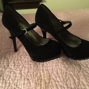 Black suede Mary Jane style shoes with platform